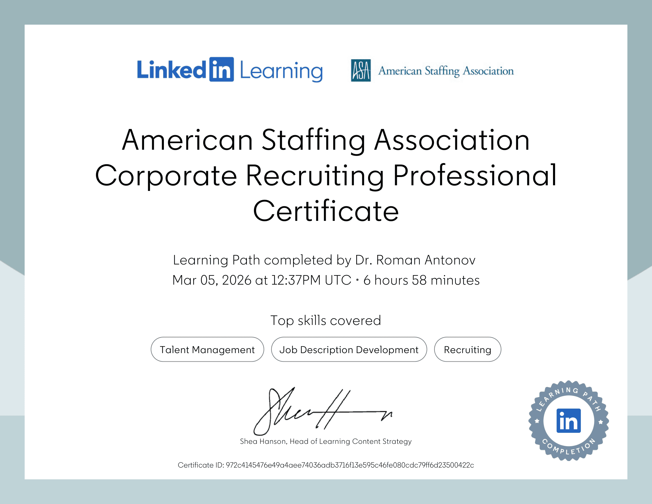 LinkedIn American Staffing Association Corporate Recruiting Professional
