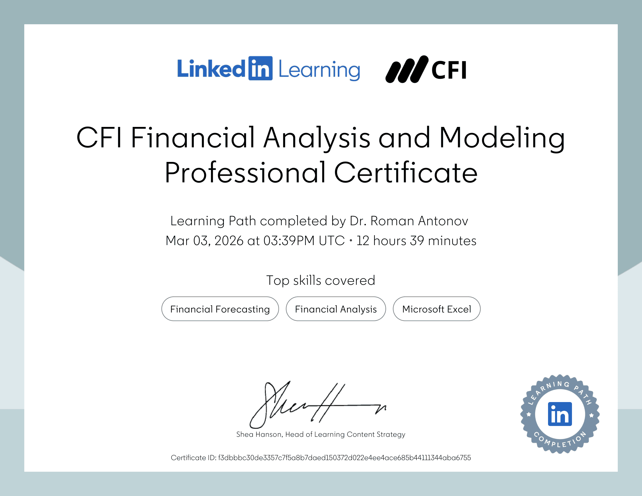 LinkedIn CFI Financial Analysis and Modeling Professional
