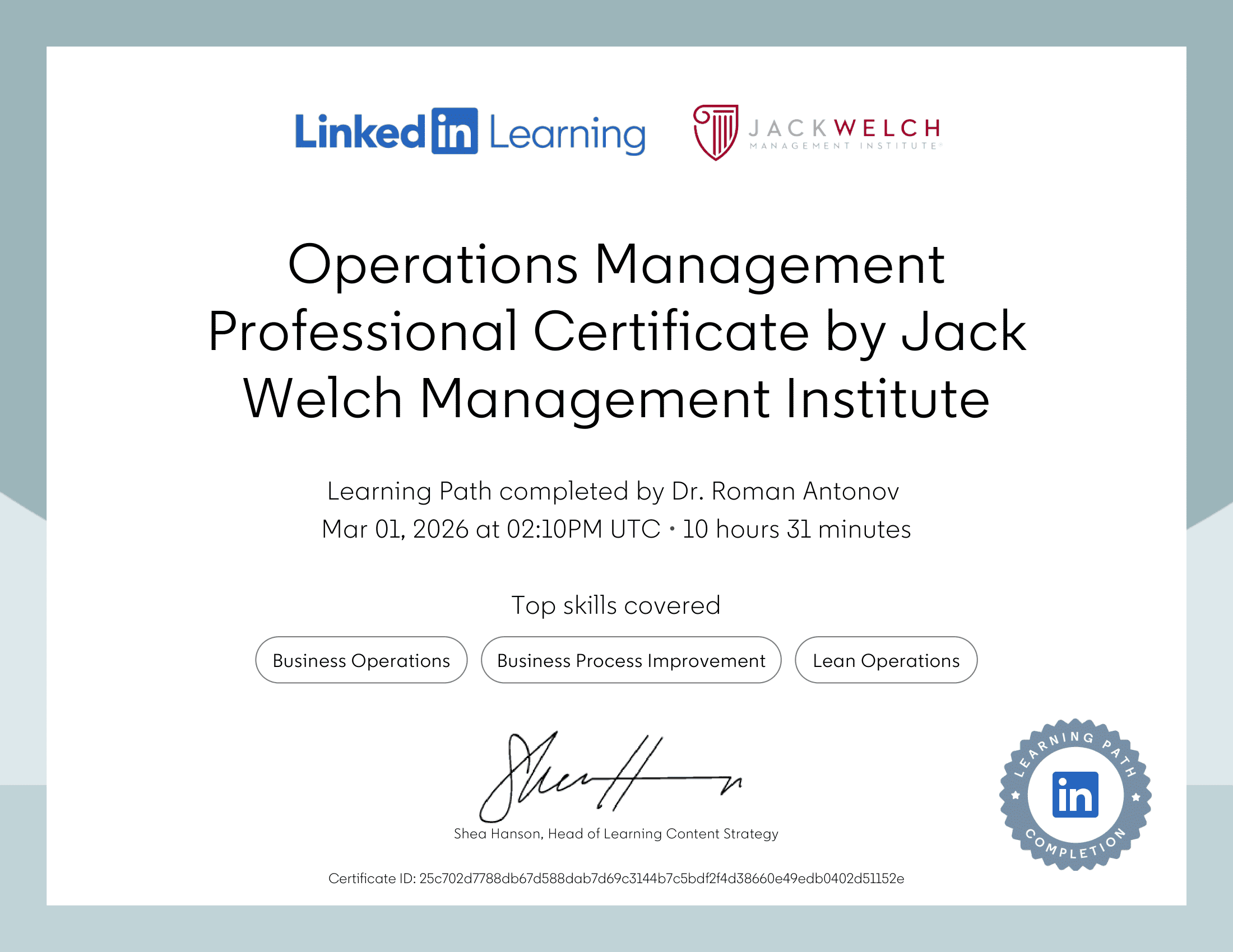 LinkedIn Operations Management Professional by Jack Welch Management Institute